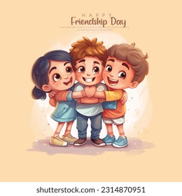 International Friendship Day Cute Cartoon Illustration with Young Boys and Girls of Hugging Together.