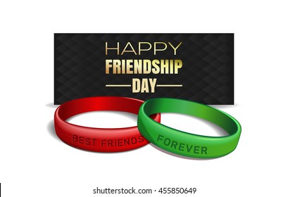 International Friendship Day design. Red and green wristbands with text "Best Friends Forever" on the background of a black greeting card.  Vector illustration
