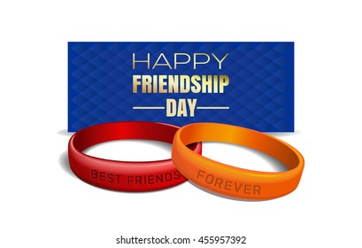 International Friendship Day design. Red and yellow wristbands with text "Best Friends Forever" on the background of a blue greeting card. Vector illustration