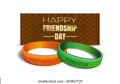 International Friendship Day design. Yellow and green wristbands with text "Best Friends Forever" on the background of a greeting card.  Vector illustration