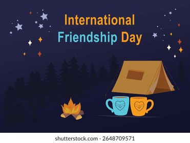 international friendship day event happiness partner with mugs, stars and timeless tales vector illustration graphic design. Friendship glows brightly like a campfire.
