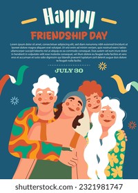 International Friendship Day. Friends. Hugs with friends. Man and woman. Poster featuring friends. Invitation to a party with friends