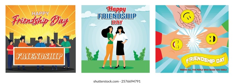 International friendship day greeting card. Two Female Friends. Happy international friendship day.  Set flat vector modern illustration 