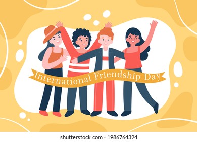 International Friendship Day. Kids' hands crossed together on yellow background. Vector illustration of international friendship. Holiday of togetherness, unity, and having fun with friends.EPS 10