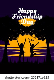 International friendship day on 30th july, sunset silhouette style poster greeting card design with two women friendship