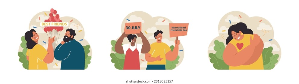 International friendship day set. Cheerful characters celebrating a holiday of togetherness, unity and support. Best friends greeting together with banners and or flags. Flat vector illustration