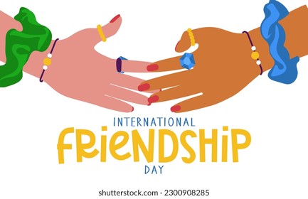 Día Internacional de la Amistad. Dos amigos con joyas idénticas se acercan entre sí para darse un apretón de manos. Saludo, amistad, confianza, apoyo, aprobación. Diseño plano, concepto vectorial, dibujos animados