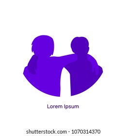 international friendship day, vector illustration, flat silhouette, boy teenager, hugs a friend, text banner, poster, blue, white, logo