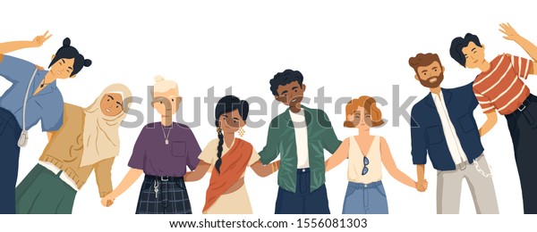International friendship flat vector illustration.\
Young diverse people group standing together cartoon characters.\
Multiethnic unity and peace concept. Diversity and social\
togetherness\
idea.