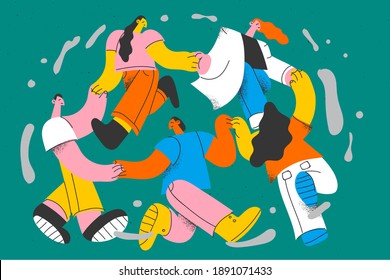 International friendship and togetherness concept. Happy young people holding hands together standing in circle performing round dance showing unity and togetherness vector illustration 