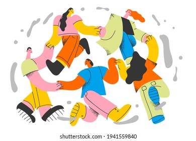 International friendship and togetherness concept. Happy young people holding hands together standing in circle performing round dance showing unity and togetherness vector illustration 