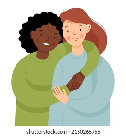 International friendship. Two girls are hugging. African American and European girl support each other. Vector flat illustration.