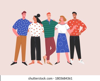 International friendship. Vector flat contemporary illustration of miscellaneous happy young people in casual clothes standing together. Isolated on background 