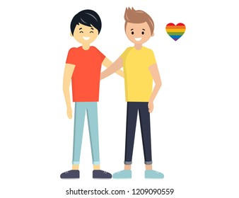 International gay couple. Flat style vector illustration. Homosexual spouses. Asian. LGBT community people.