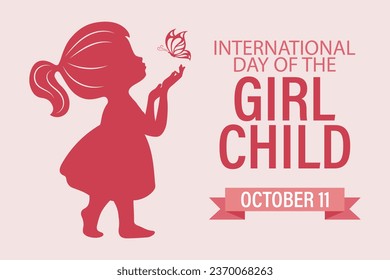 International Girl Child Day, October 11. Silhouette of a cute little girl with a butterfly. Illustration, poster, vector