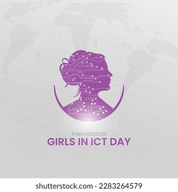 Diseño creativo del Día Internacional de las Niñas en las TIC. Día Internacional de las Niñas en las TIC. cara de mujer o niña en el día de la ciencia, cara digital con concepto de red de circuito. icono de chicas. símbolo femenino.