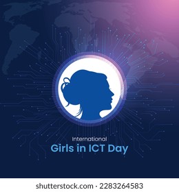 Diseño creativo del Día Internacional de las Niñas en las TIC. Día Internacional de las Niñas en las TIC. cara de mujer o niña en el día de la ciencia, cara digital con concepto de red de circuito. icono de chicas. símbolo femenino.