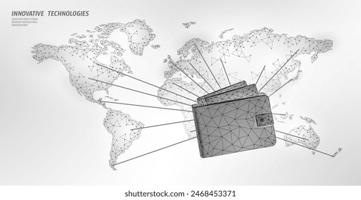  International global online wallet low poly design 3D. Online shop trade market technology. Buy now template. Mobile app sale vector illustration
