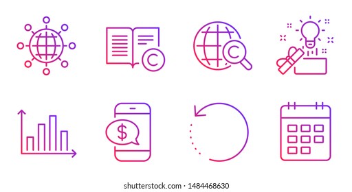 International Ð¡opyright, International globe and Diagram graph line icons set. Recovery data, Creative idea and Phone payment signs. Copyright, Calendar symbols. Vector