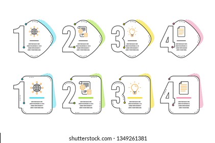 International globe, Light bulb and Settings blueprint icons simple set. File sign. World networking, Lamp energy, Report document. Paper page. Science set. Infographic timeline. Vector