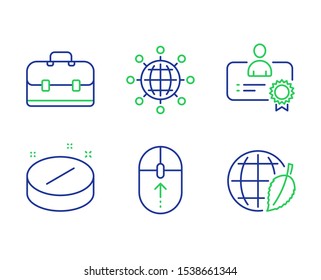 International globe, Portfolio and Swipe up line icons set. Certificate, Medical tablet and Environment day signs. World networking, Business case, Scrolling page. Best employee. Science set. Vector