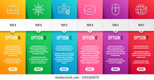 International globe, Portfolio and Swipe up line icons set. Infographic timeline. Certificate, Medical tablet and Environment day signs. World networking, Business case, Scrolling page. Vector