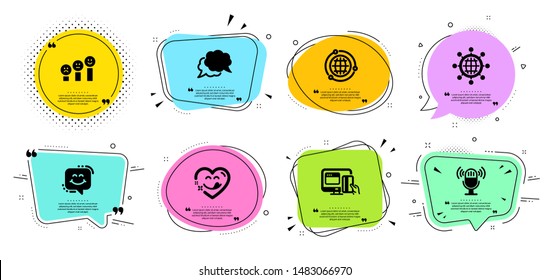 International globe, Smile chat and Chat message line icons set. Chat bubbles with quotes. Customer satisfaction, Yummy smile and Globe signs. Microphone, Online payment symbols. Vector