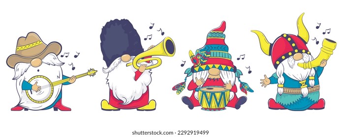 El escalón de la Banda Gnome Internacional. Gnomes musicales vectores en disfraces nacionales. Gnomes caricaturistas con vestimenta e instrumentación nacional