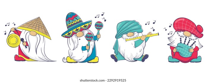 El escalón de la Banda Gnome Internacional. Gnomes musicales vectores en disfraces nacionales. Gnomes caricaturistas con vestimenta e instrumentación nacional