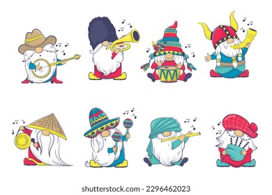 The International Gnome Band clipart. Vector Musical Gnomes in National Costumes. Cartoonish Gnomes in National Dress and Instrumentation 