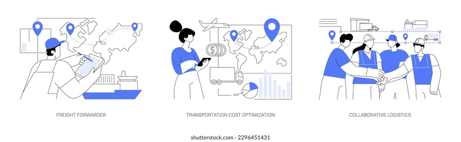 International goods shipment abstract concept vector illustration set. Freight forwarder, transportation cost optimization, collaborative logistics, supply chain analytics abstract metaphor.