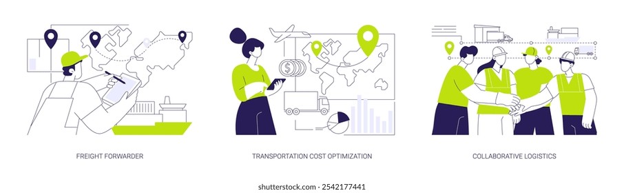 Conjunto de ilustração vetorial de conceito abstrato de remessa internacional de mercadorias. Despachante de cargas, otimização de custos de transporte, logística colaborativa, metáfora abstrata da análise da cadeia de suprimentos.