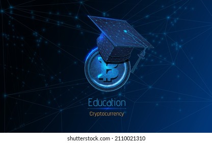 International Graduation cap on Bitcoin Cryptocurrency. Bitcoin is modern of Exchange Digital payment, Education certificate of Abroad program .modern electronic money, wireframe, plexus, dot, vector
