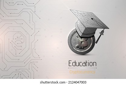 International Graduation cap on Bitcoin Cryptocurrency. Bitcoin is modern of Exchange Digital payment, Education certificate of Abroad program .modern electronic money, wireframe, plexus, dot,vector
