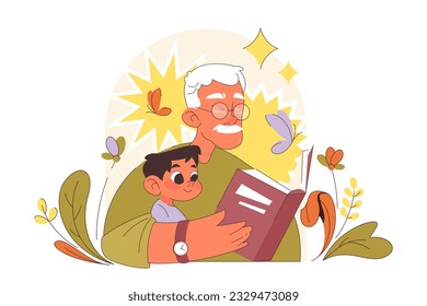 International grandparents day. Elderly man reading a book with a grandson. Retired old man reading a fairytale. Grandfather celebrating a holiday on July 23th. Flat vector illustration