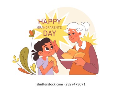 International grandparents day. Elderly woman with granddaughter. Granny treating a little girl with home-made pies. Grandmother celebrating a holiday on July 23th. Flat vector illustration