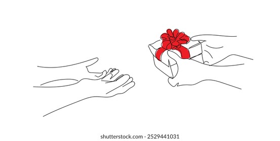International grant exchange concept holiday, woman arm give new year carton.  Single continuous line drawing female hand hold present box gift, souvenir. Hand made vector not AI.