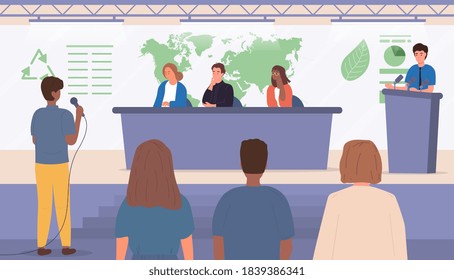 International Greens Conference, delegates and journalists discussing measures to protect the environment. Flat cartoon vector illustration.