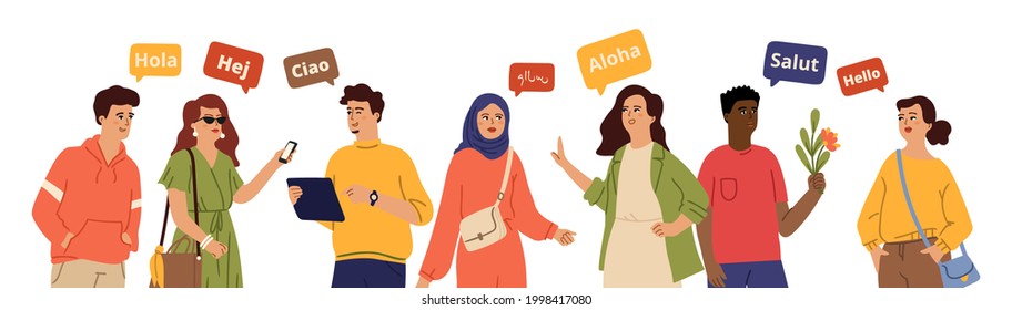 International greeting. Multilingual people, different language culture students. Woman man say hello on diverse languages. Use mobile translator, multiethnic friends vector characters