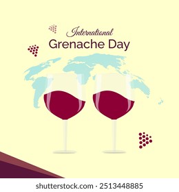 Dia Internacional de Grenache, ilustração vetorial. Celebrado na Terceira Sexta-feira de setembro. Grenache ou Garnacha é uma das castas de uva de vinho tinto mais plantadas no mundo. Copos de vinho.