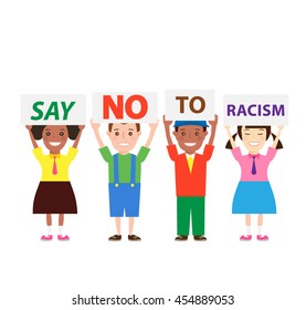 international group of children kids with banner say no to racism