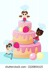 International group of children near huge cake and lollipops in cartoon style isolated on white background. Children's love for sweets.
