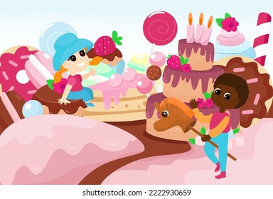 An international group of children near a huge cake, lollipop, donut, muffin and macarons and jelly. Illustration in cartoon style of the holiday and children's love for sweets.