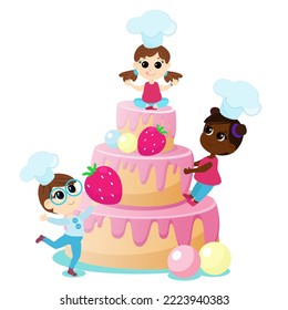 An international group of children near a huge cake. Cartoon style illustration of holiday and children's love for sweets isolated on white background.