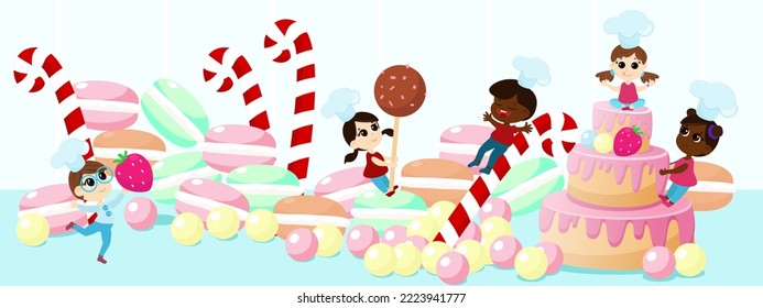 An international group of children near a huge cake, lollipop and macaroons. The children are happy and dressed in chef's hats. The boys and girls are having a party.