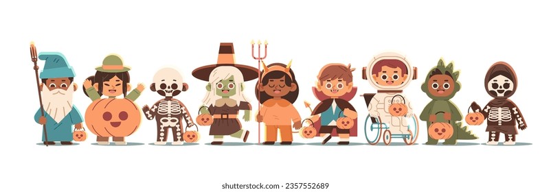 International group of kids in Halloween costumes on isolated background. Halloween characters vector flat illustration