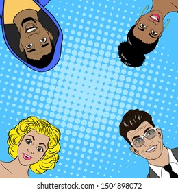 International group of people on halftone blue background. Vector illustration in Pop Art Style.