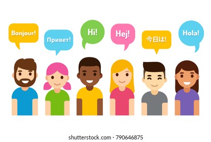 International group of people saying Hi in different languages. Diverse cartoon characters, flat vector style illustration. Learning, education and communication design element.