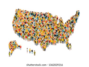 International group of peoples from different social status stand in USA map silhouette on white