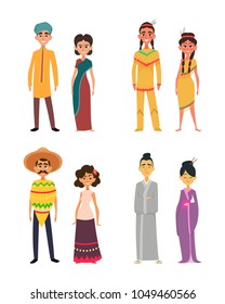 International group of peoples male and female. Characters of different nationalities. Mexican and japanese, indians and hindus, society culture people woman and man. Vector illustration